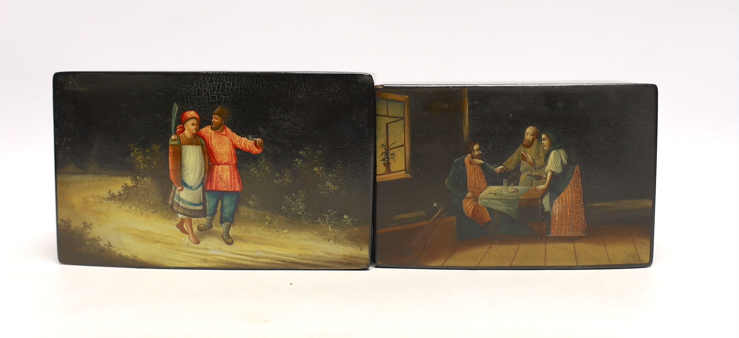 Two late 19th century Russian lacquer tea caddies, by Vishnyakov, largest 16cm x 9cm